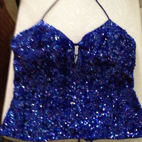 Blue sequins halter, draw string in back (vintage) - Picture 1 of 4